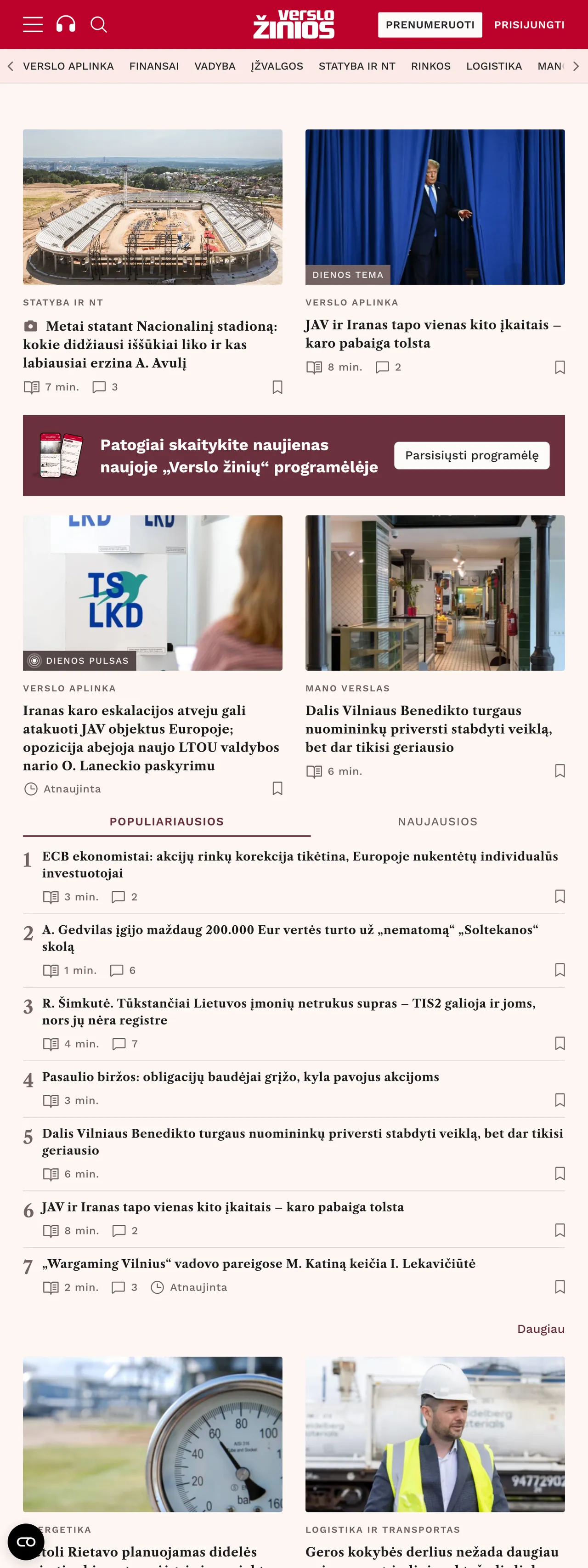 Screenshot of the Verslo žinios front page