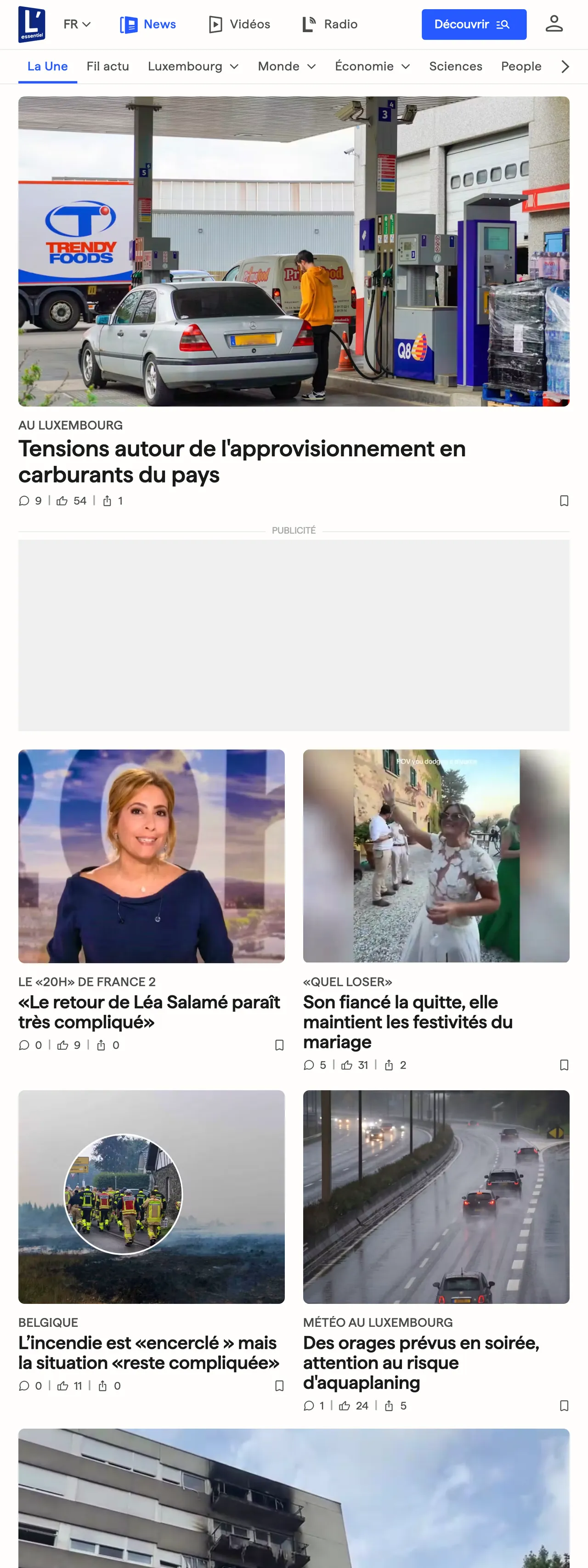 Screenshot of the L'essentiel front page