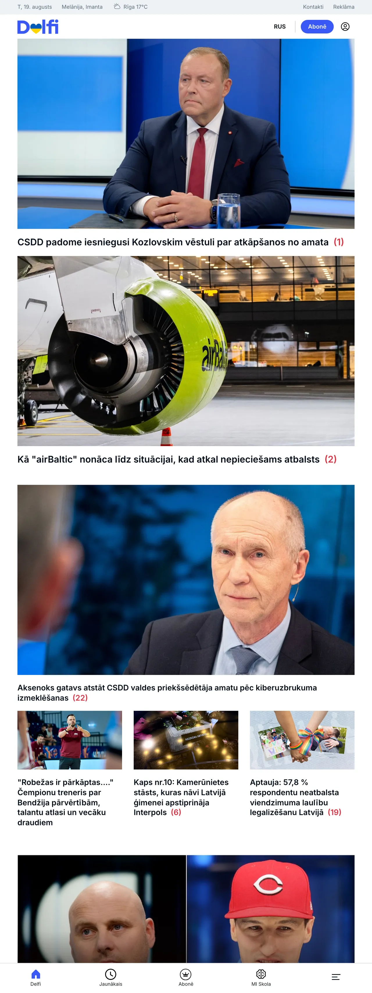 Screenshot of the Delfi front page