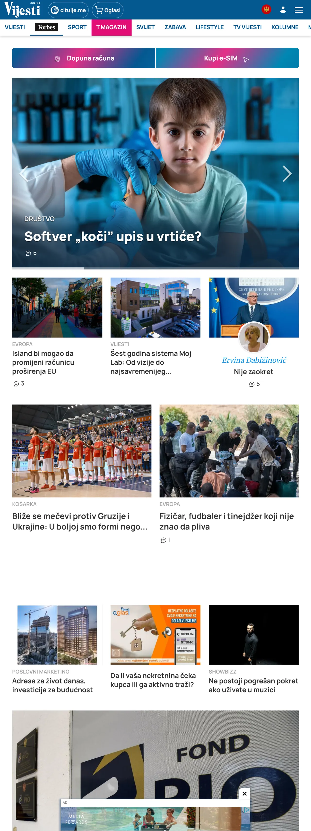 Screenshot of the Vijesti front page