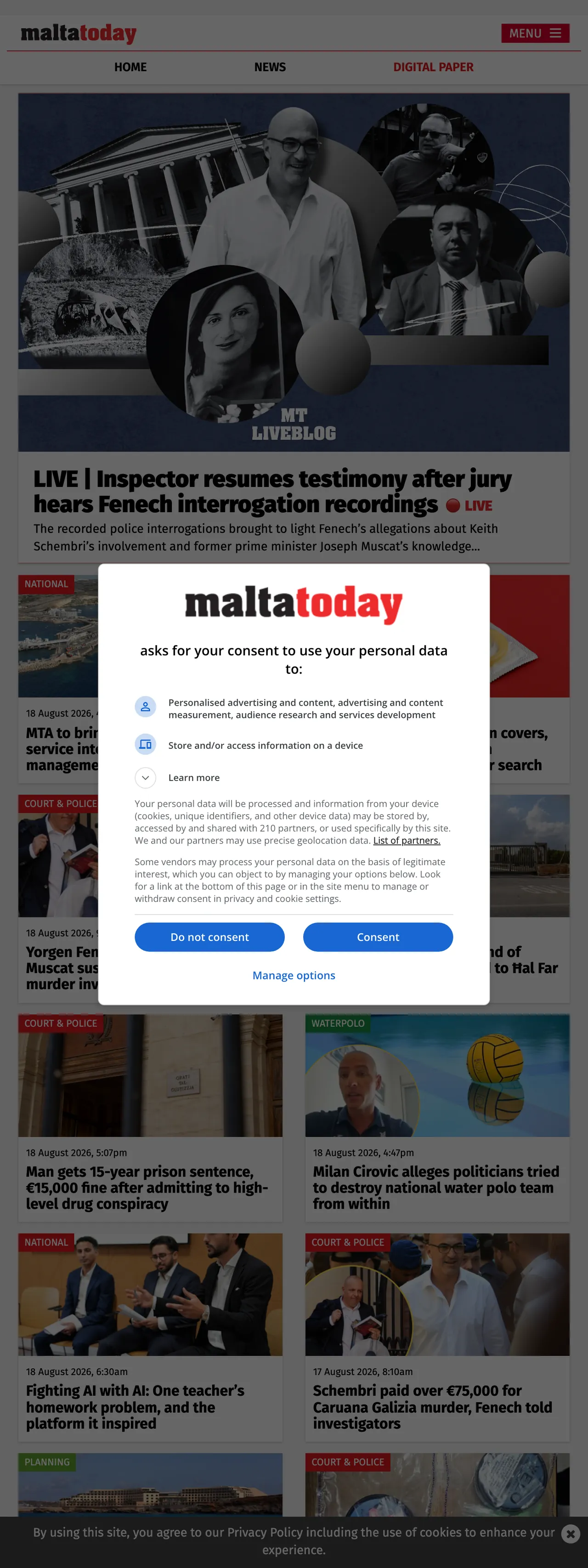 Screenshot of the Malta Today front page