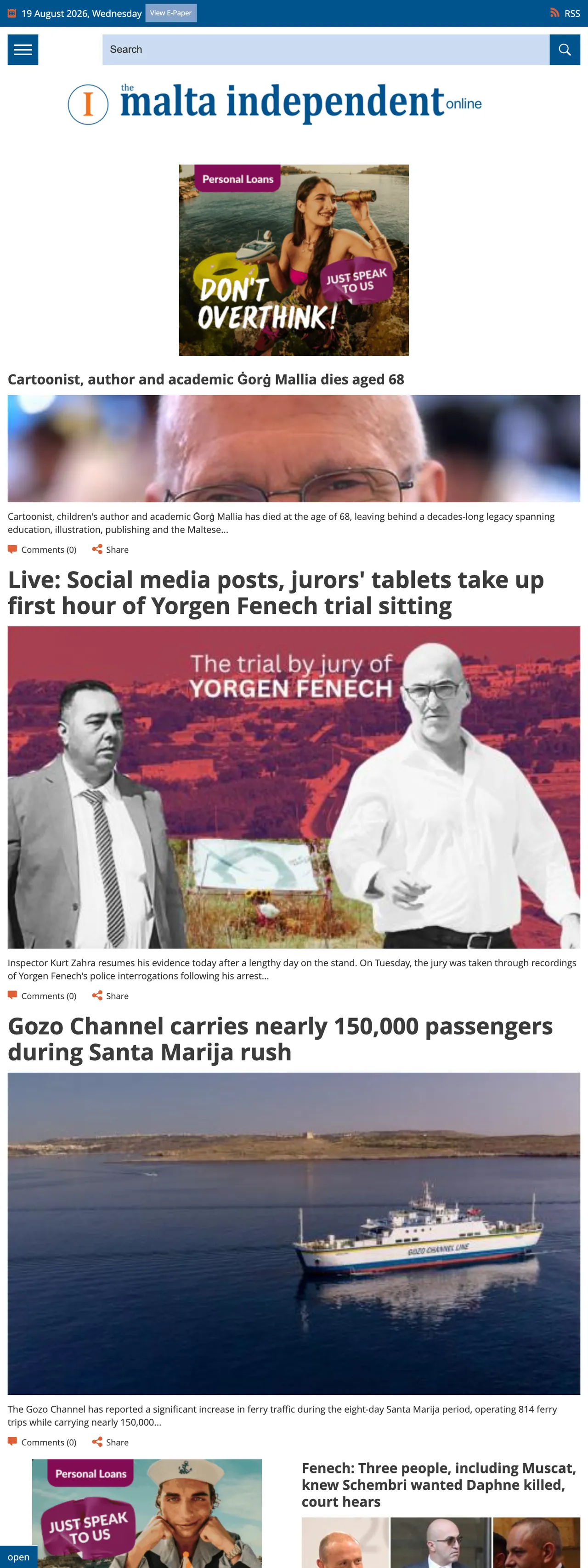 Screenshot of the The Malta Independent front page