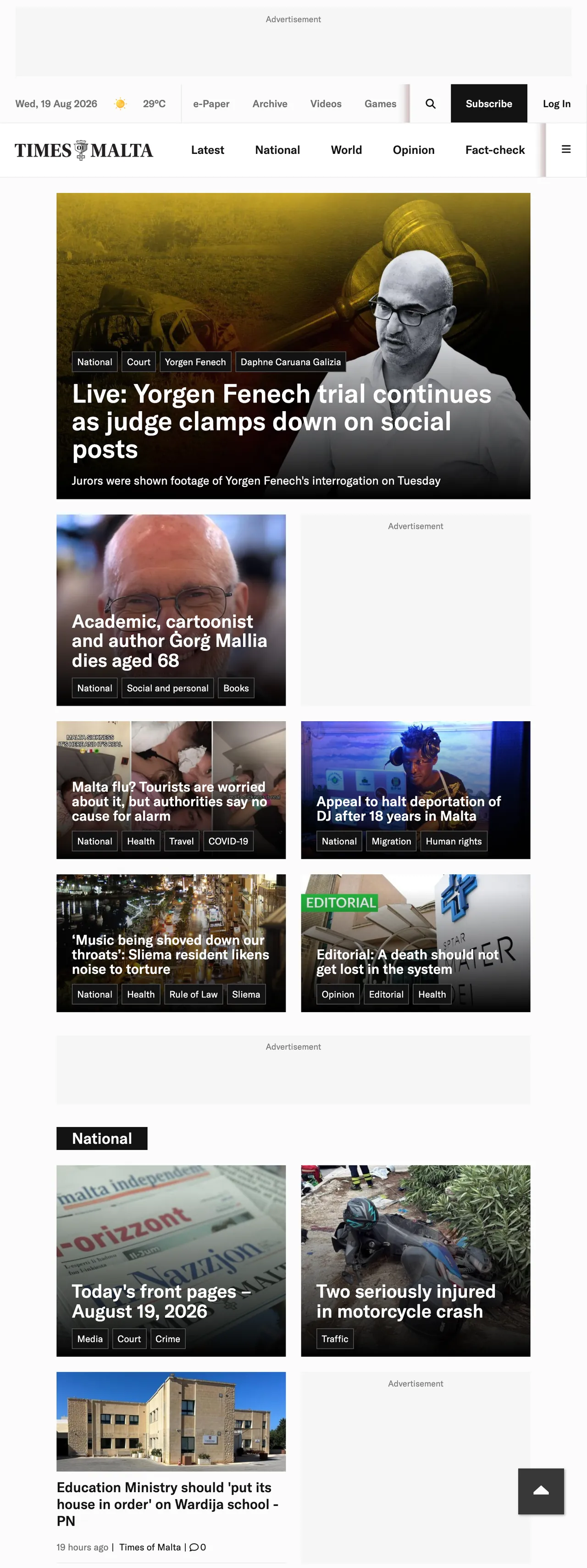 Screenshot of the Times of Malta front page