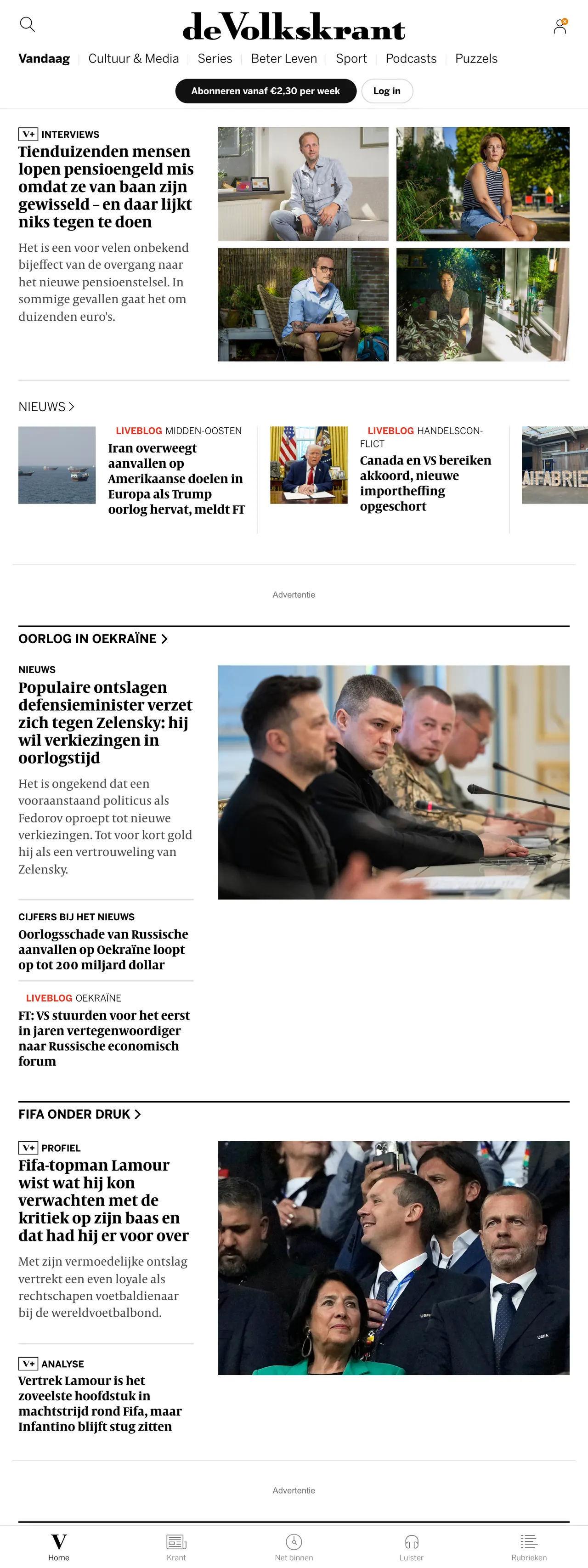 Screenshot of the de Volkskrant front page