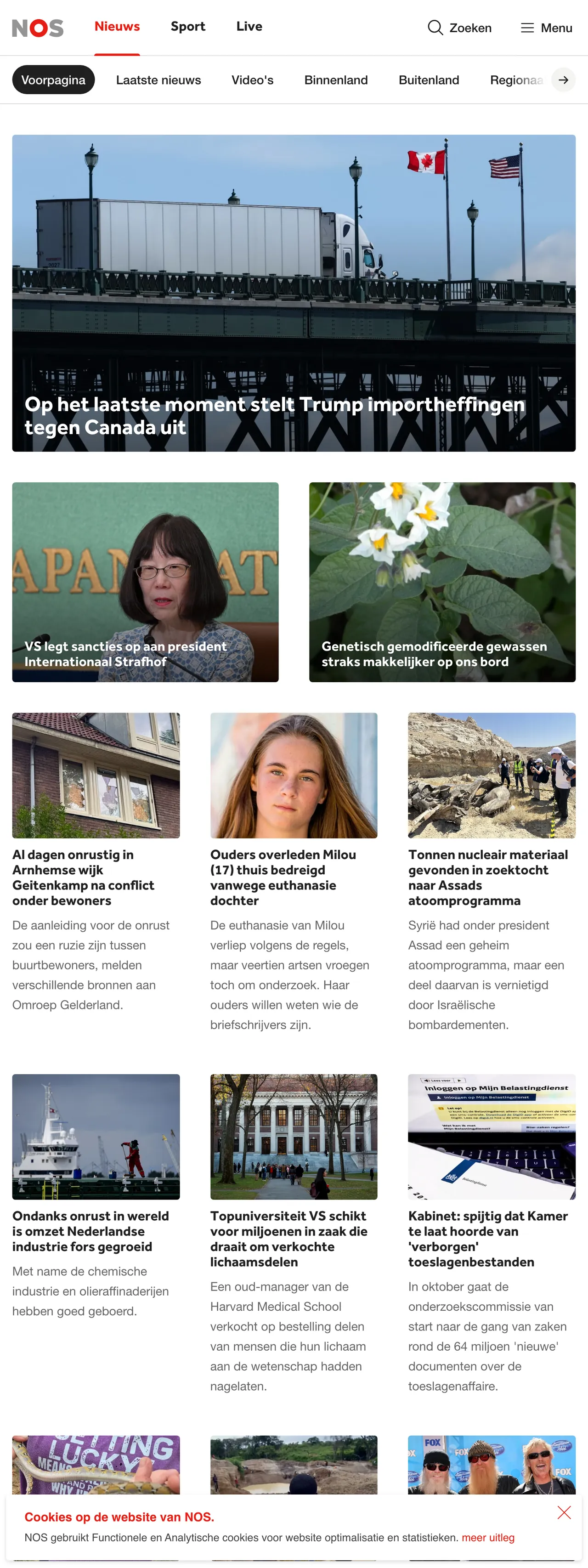 Screenshot of the NOS front page