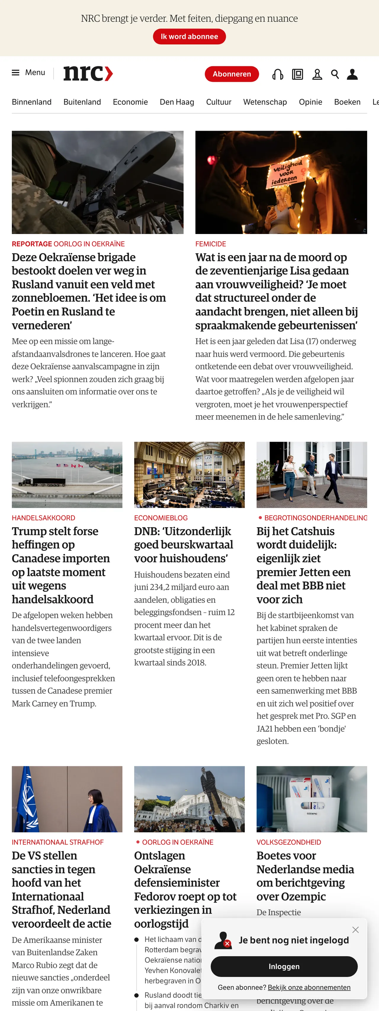 Screenshot of the NRC front page