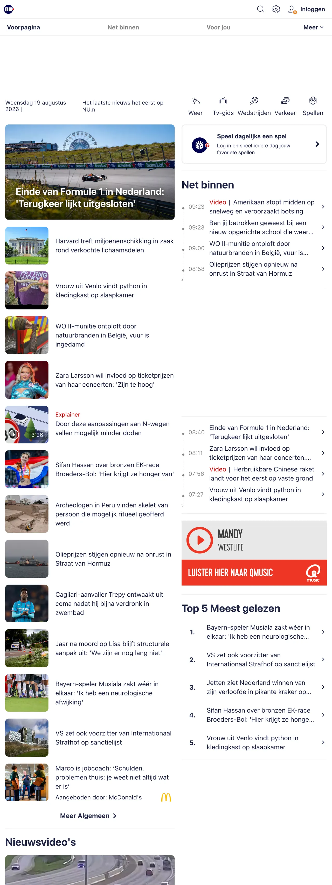 Screenshot of the NU.nl front page