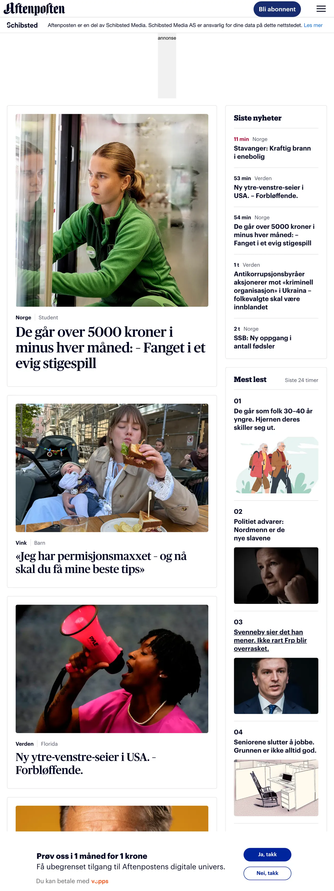 Screenshot of the Aftenposten front page