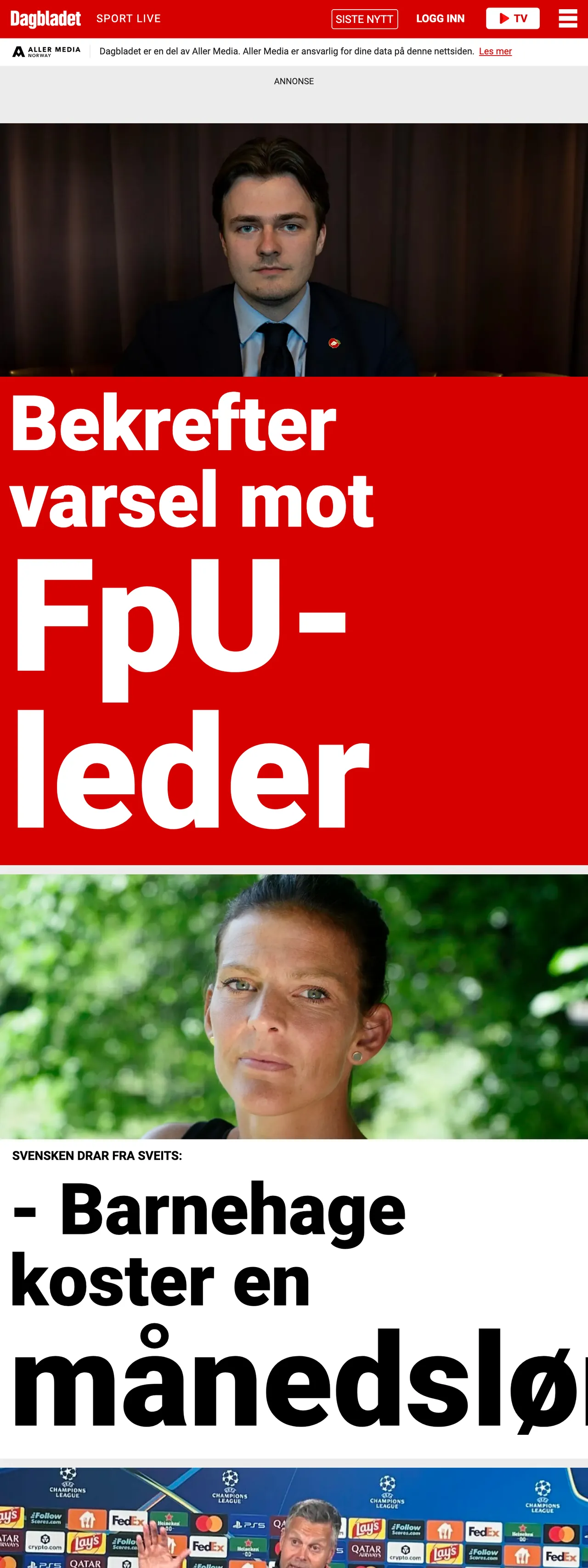 Screenshot of the Dagbladet front page