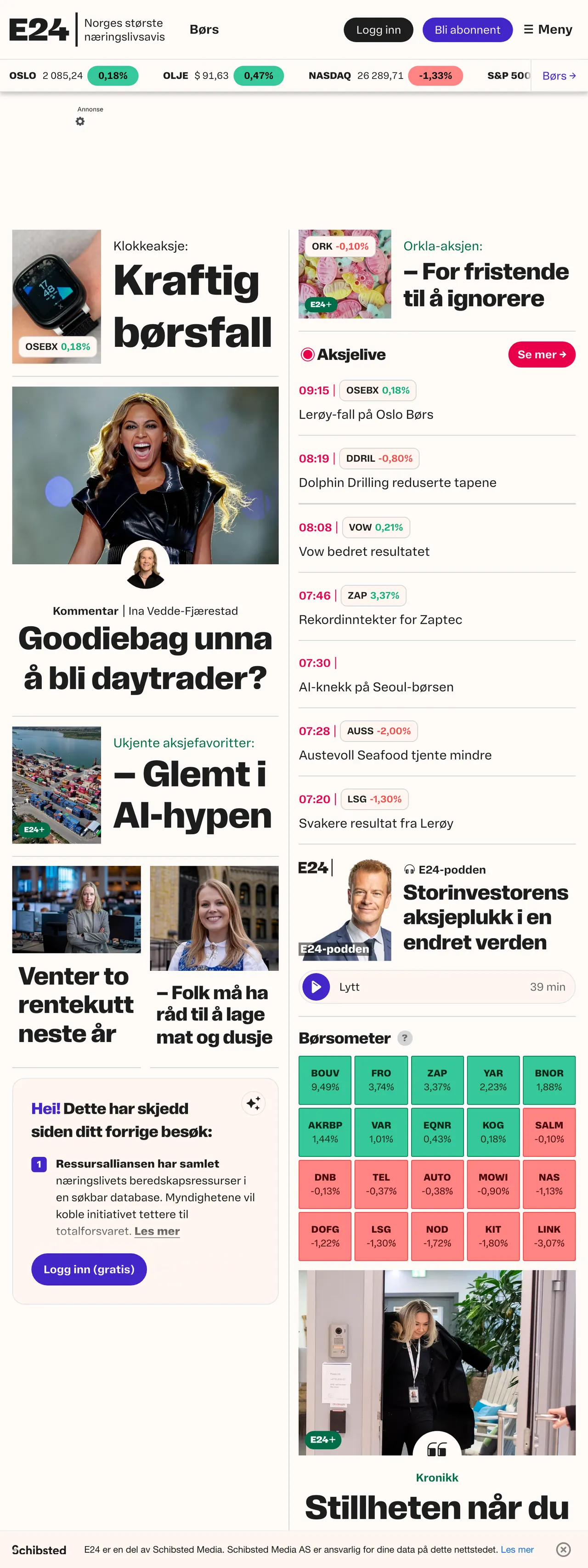 Screenshot of the E24 front page