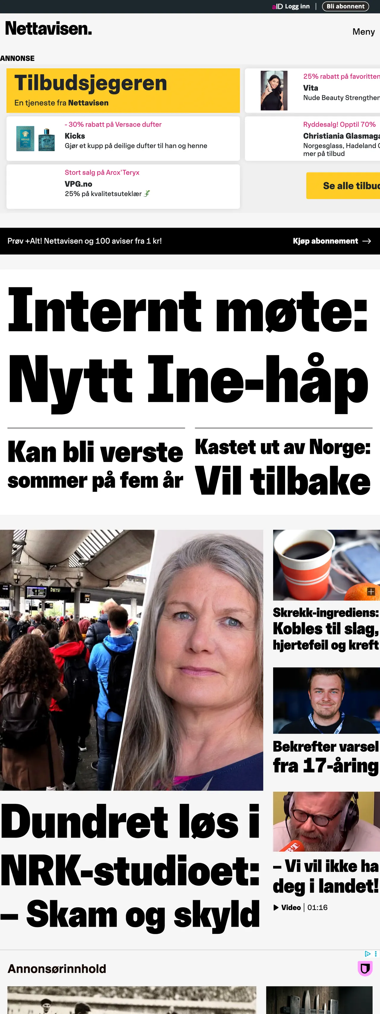 Screenshot of the Nettavisen front page