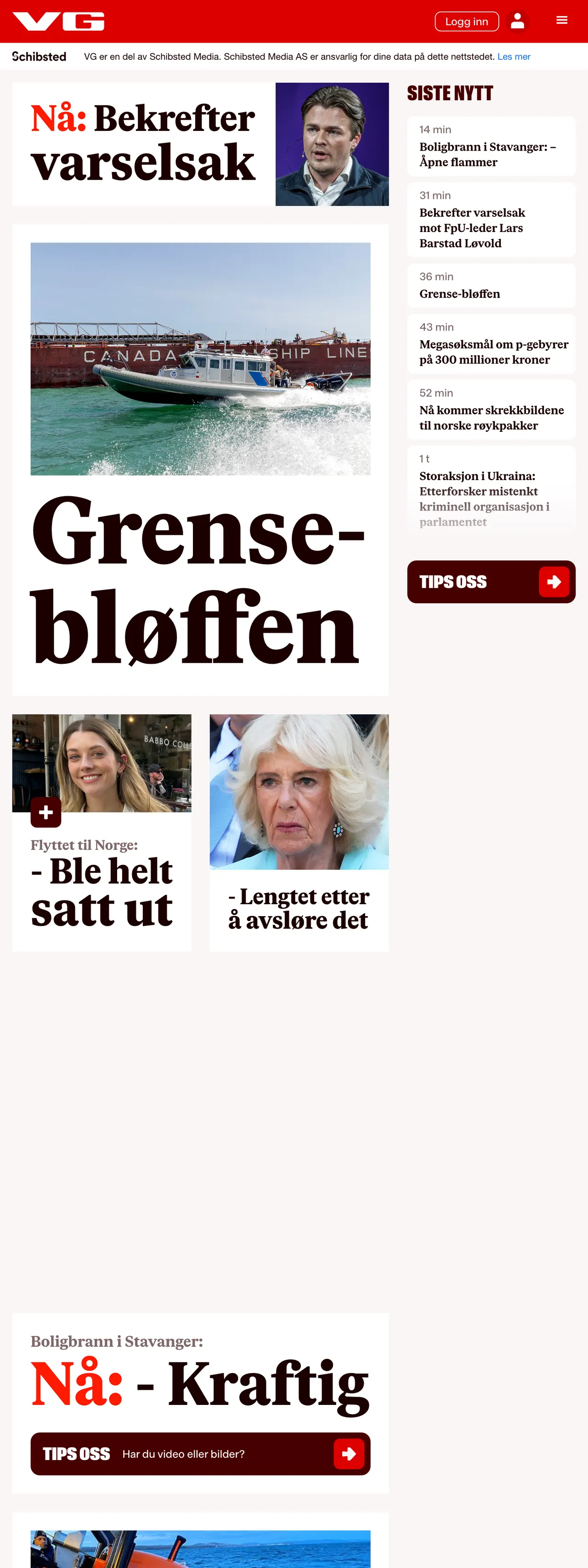 Screenshot of the VG front page