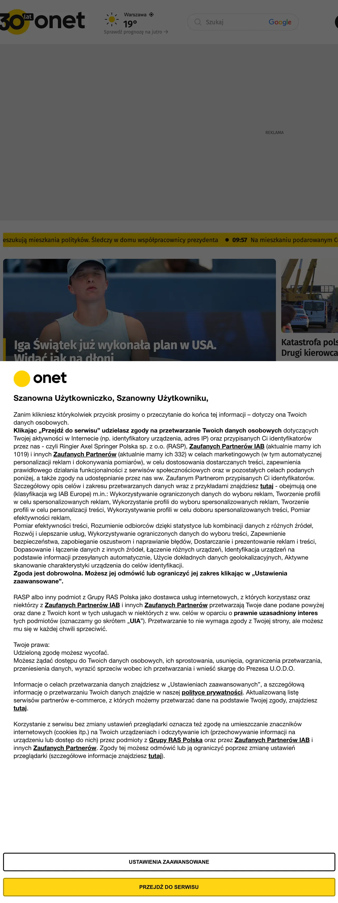 Screenshot of the Onet front page