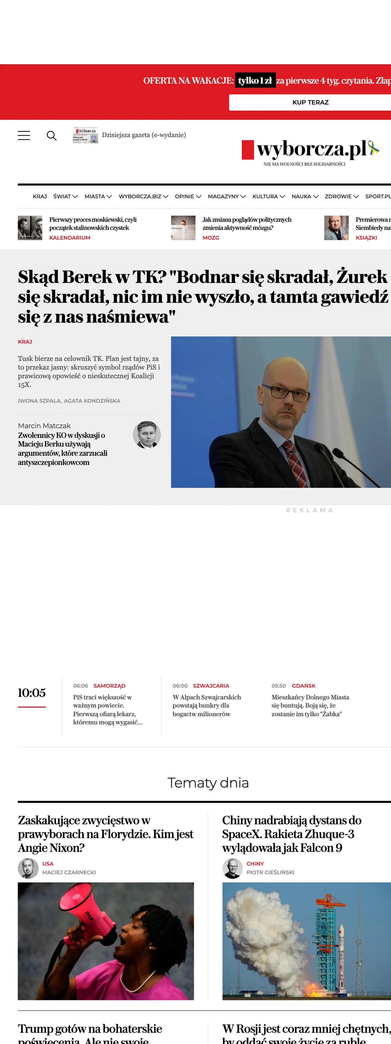 Screenshot of the Wyborcza front page