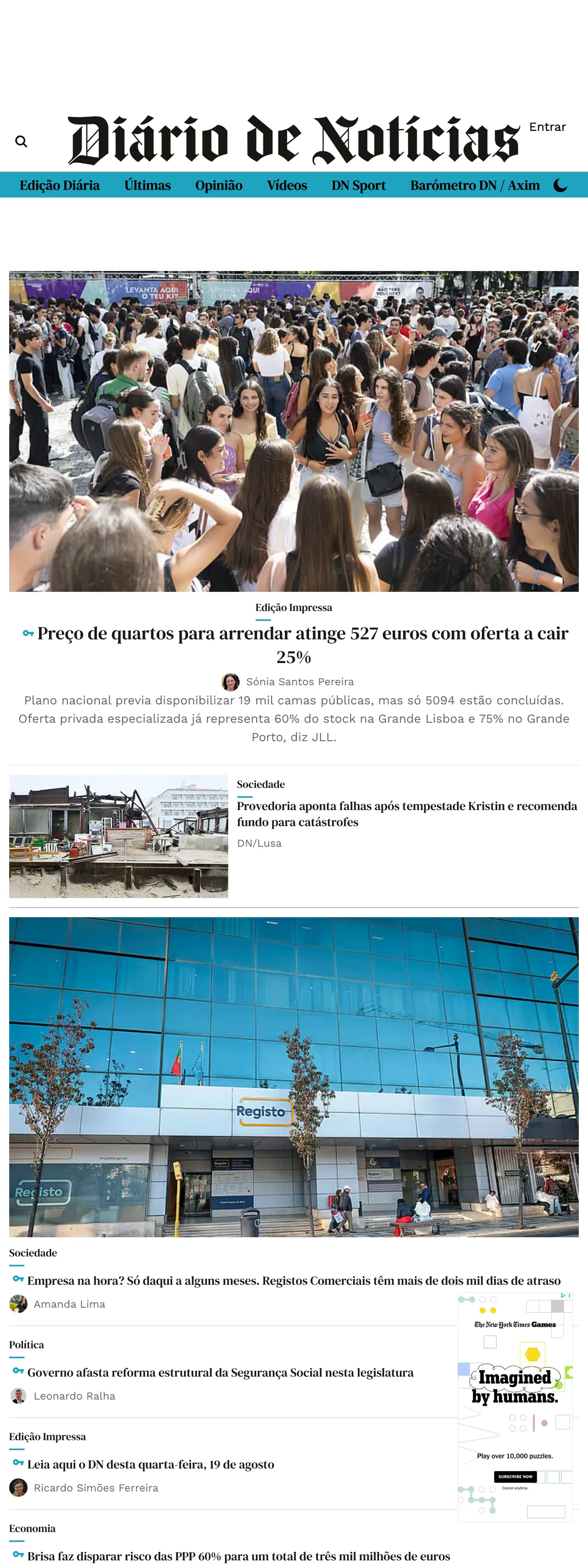 Screenshot of the Diário de Notícias front page