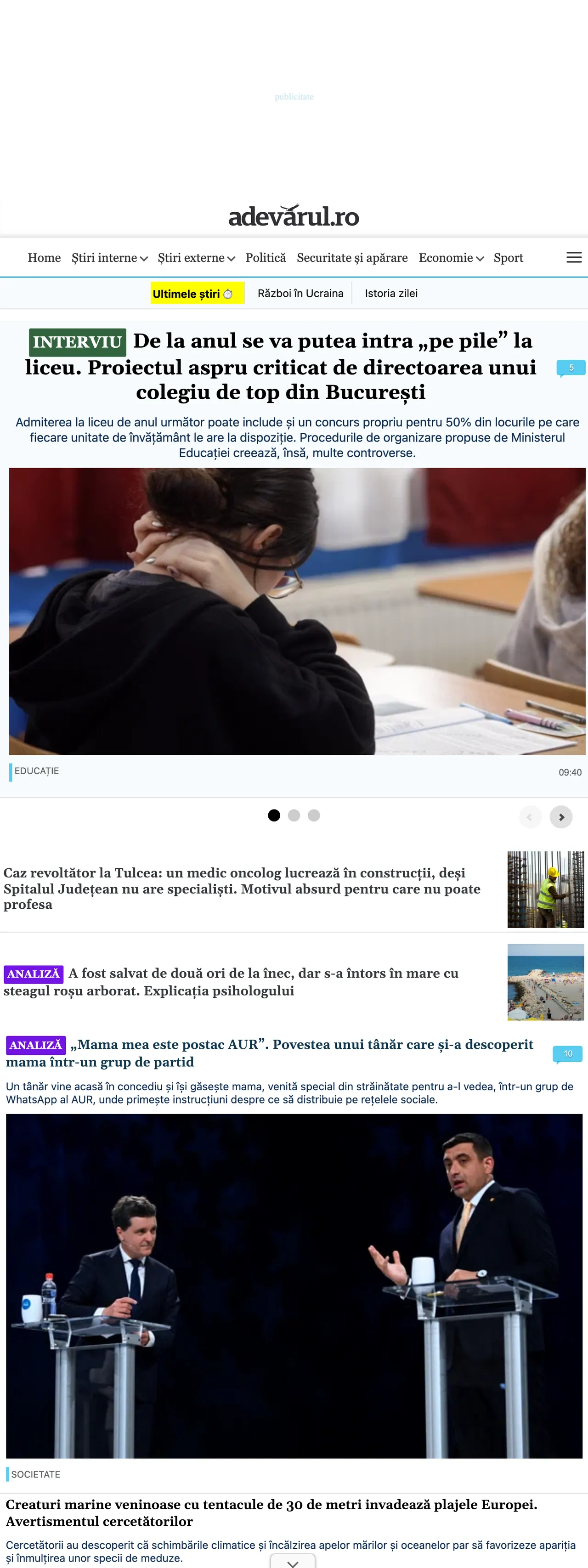 Screenshot of the Adevărul front page