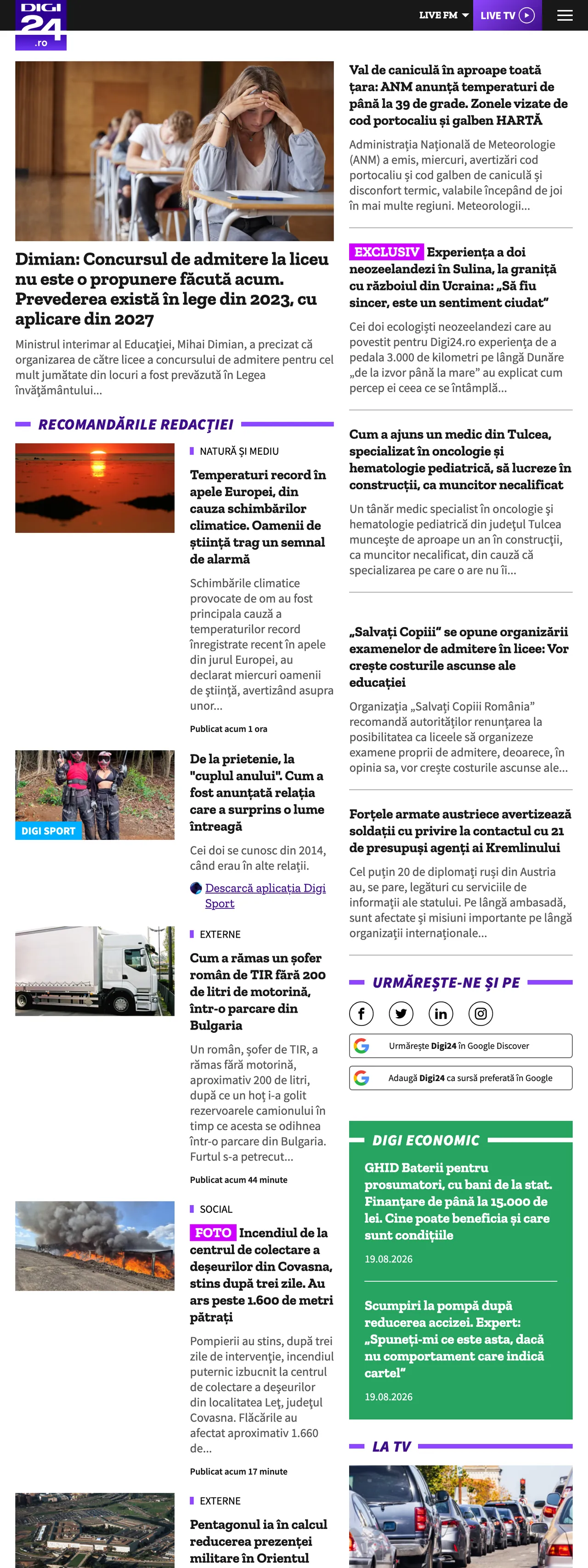 Screenshot of the Digi24 front page