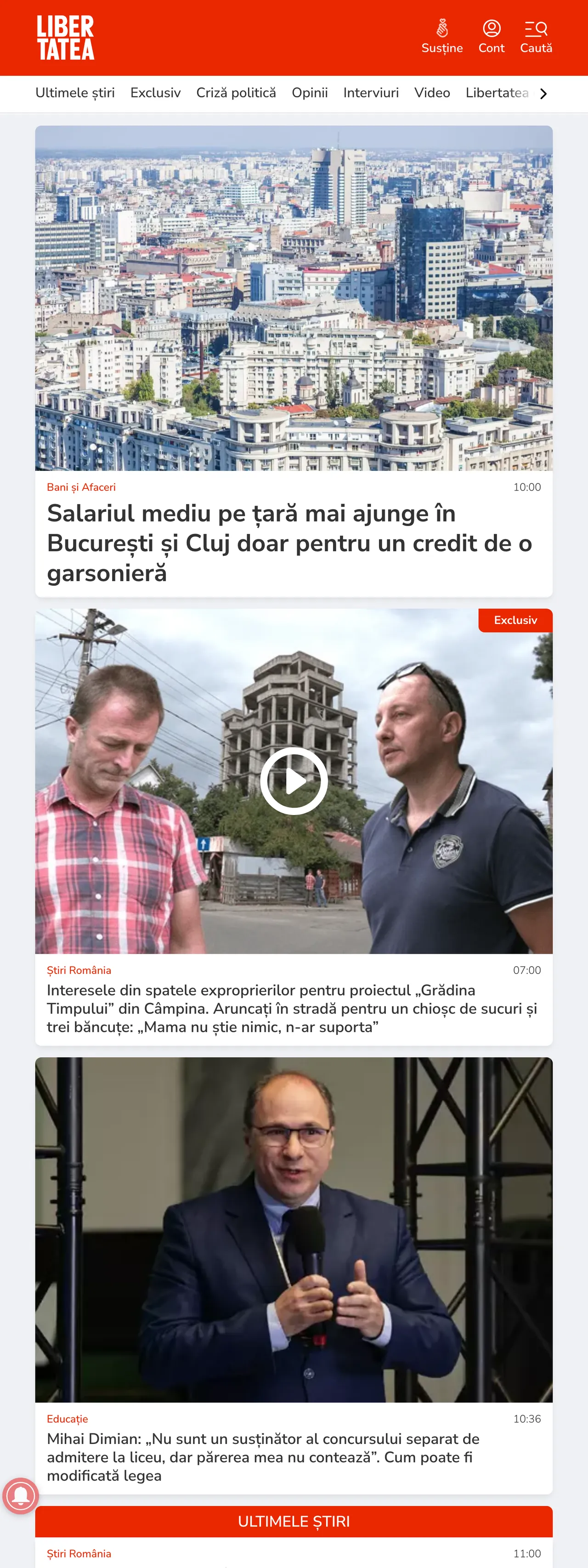 Screenshot of the Libertatea front page