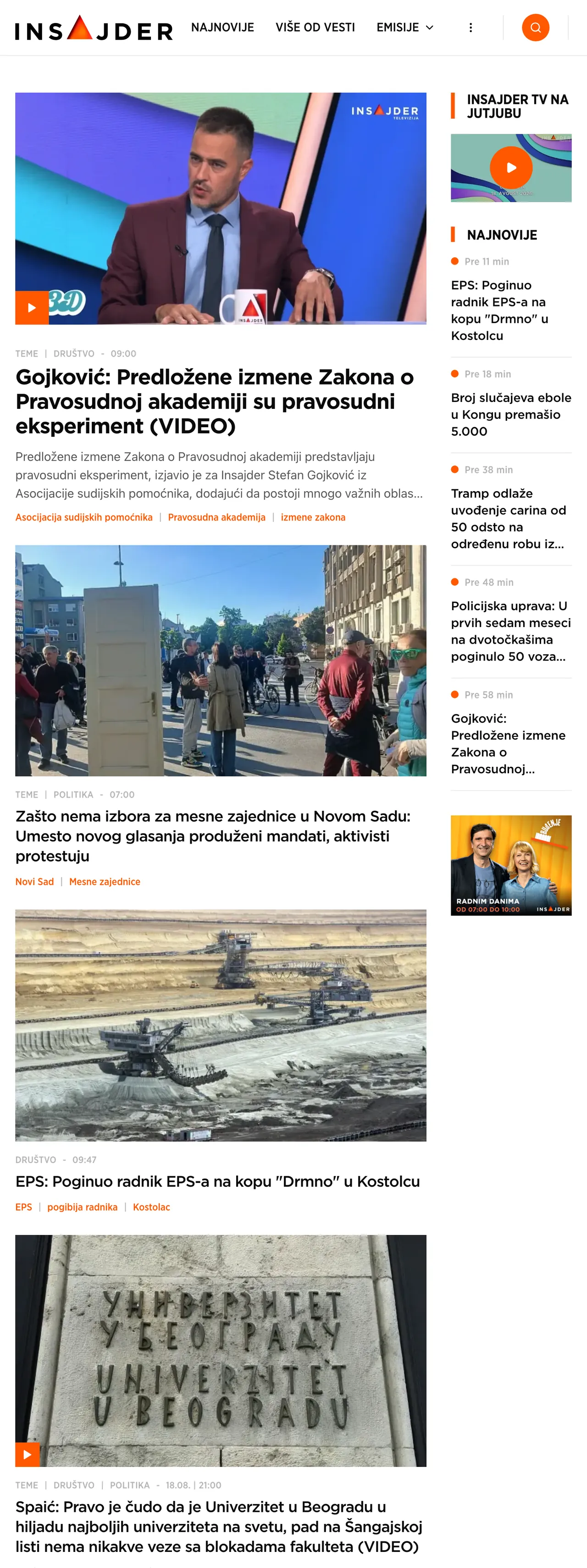 Screenshot of the Insajder front page