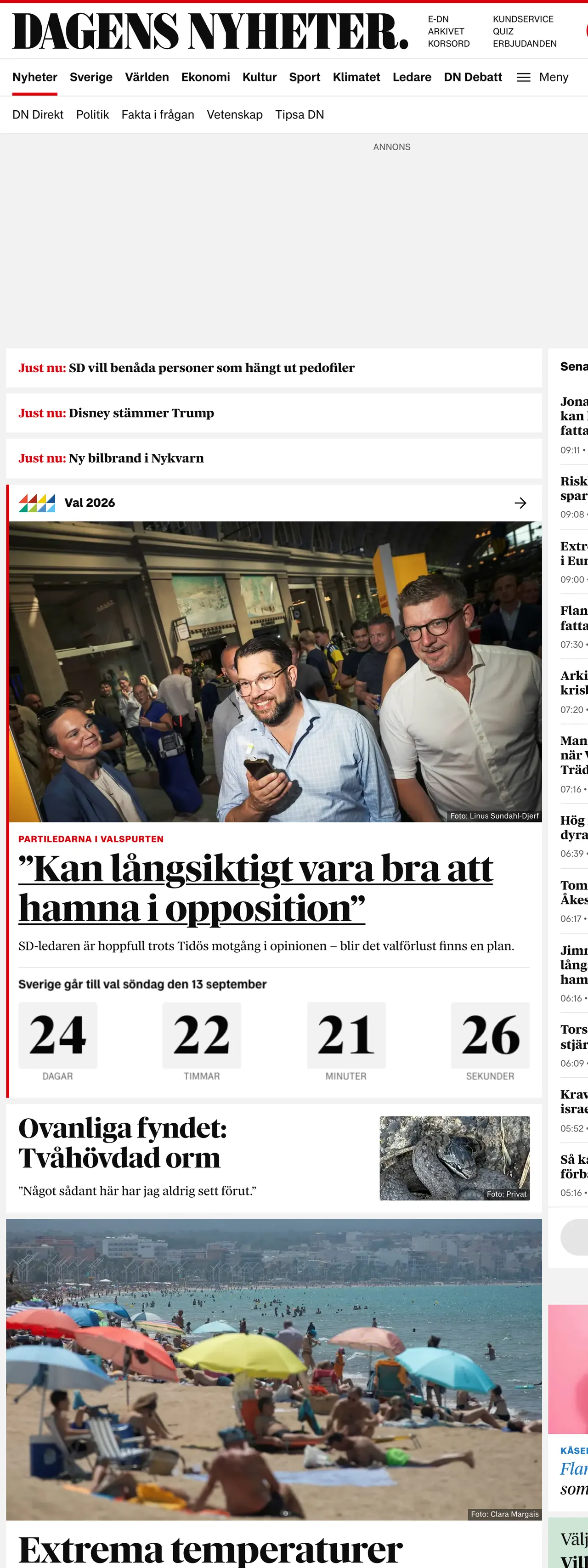 Screenshot of the Dagens Nyheter front page