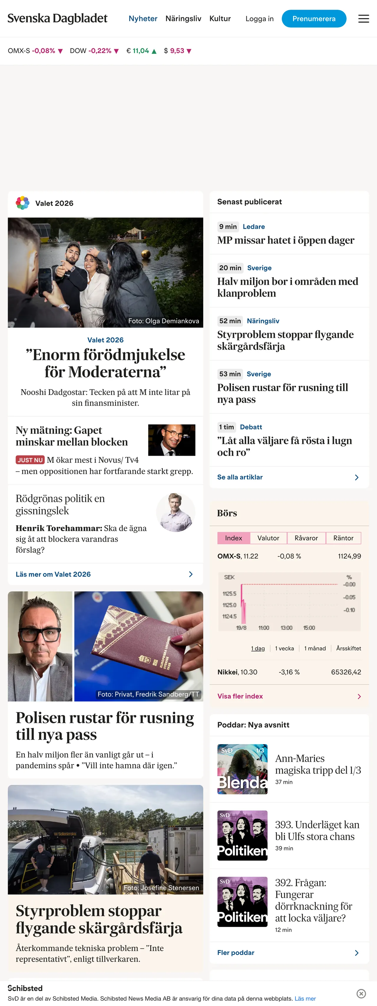 Screenshot of the Svenska Dagbladet front page