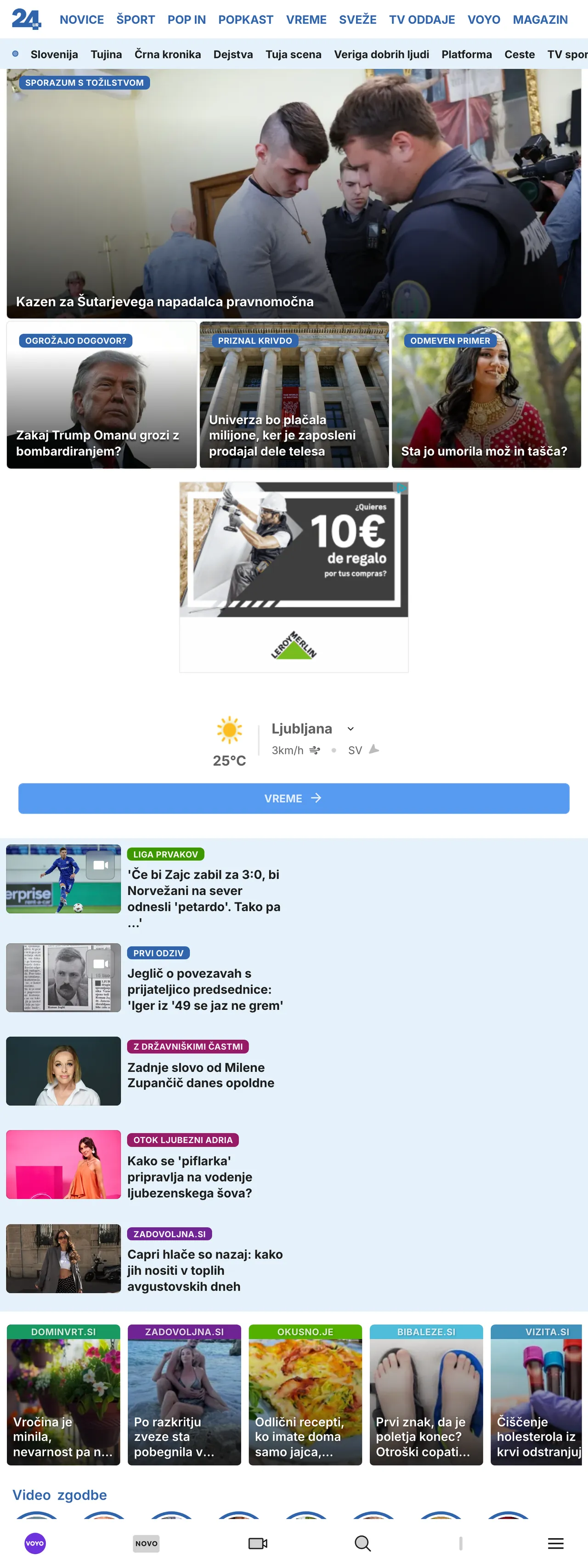 Screenshot of the 24ur front page