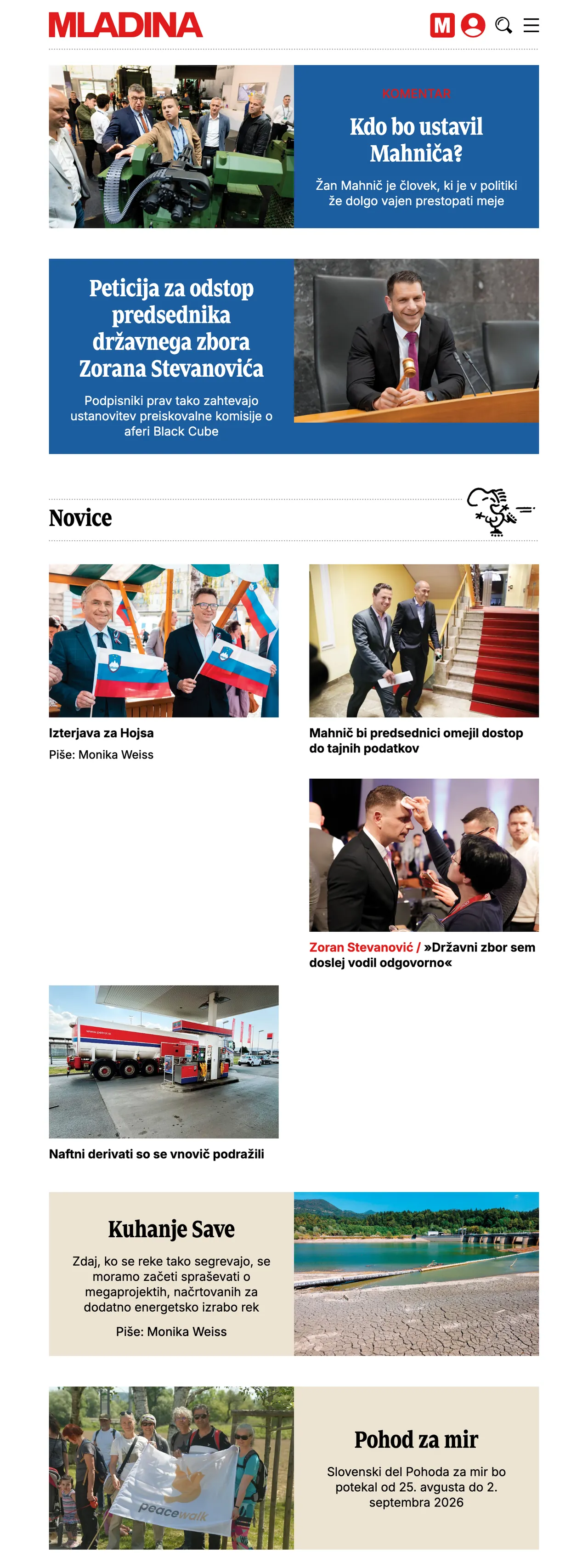 Screenshot of the Mladina front page