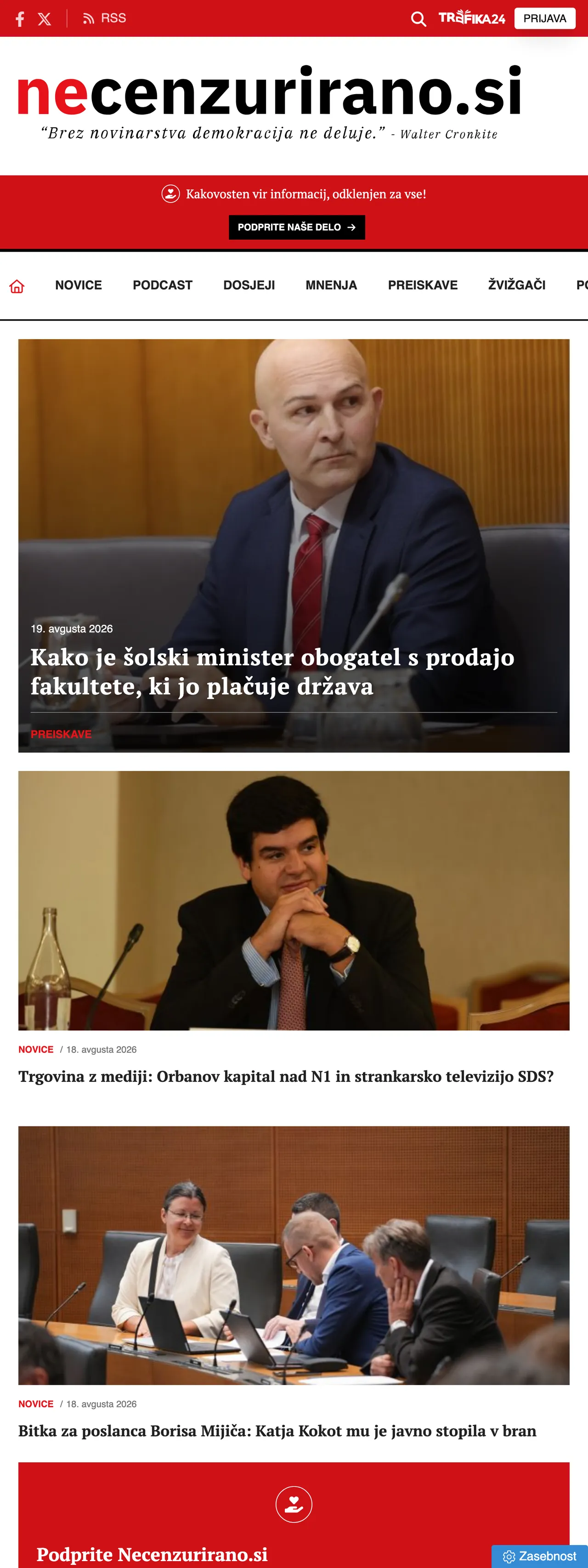Screenshot of the Necenzurirano front page