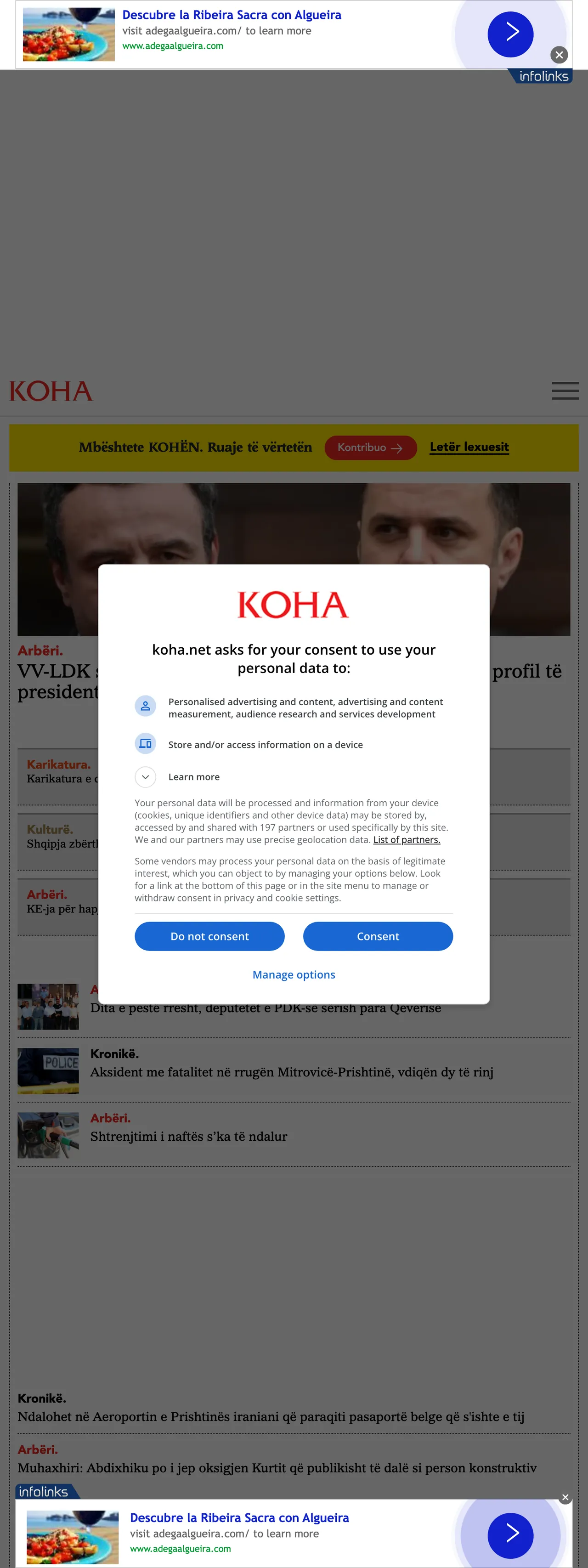 Screenshot of the Koha Ditore front page