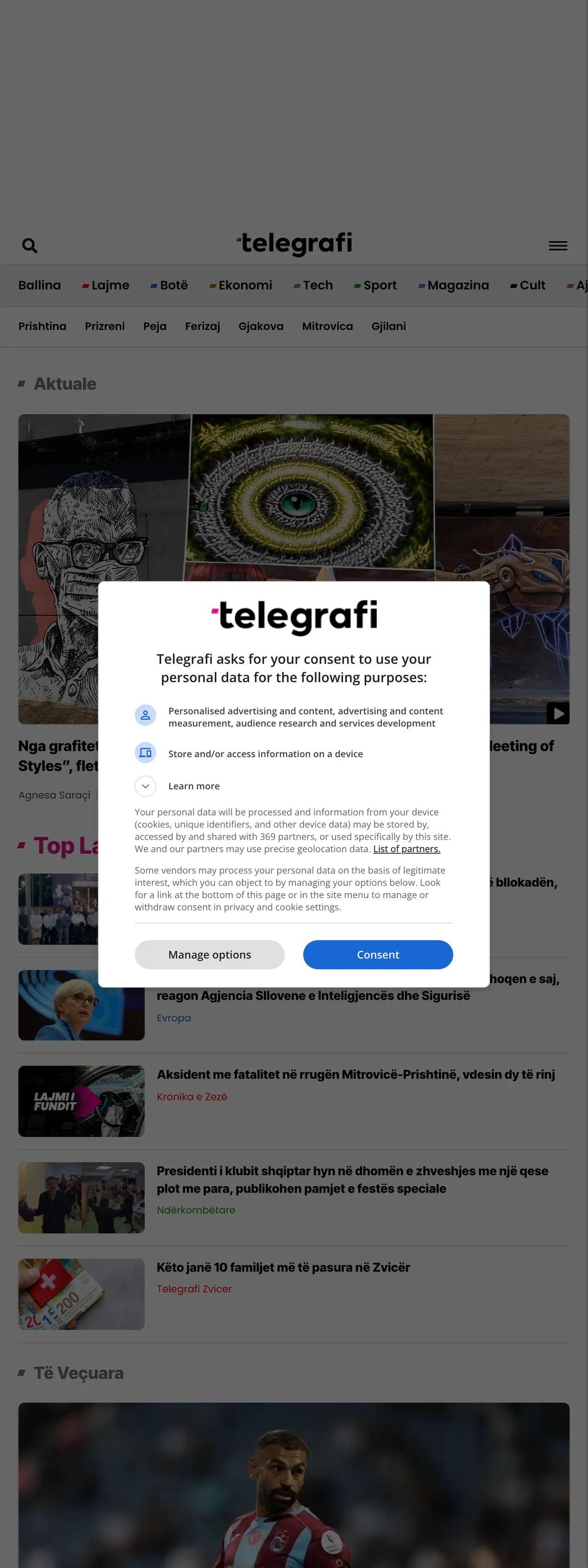 Screenshot of the Telegrafi front page