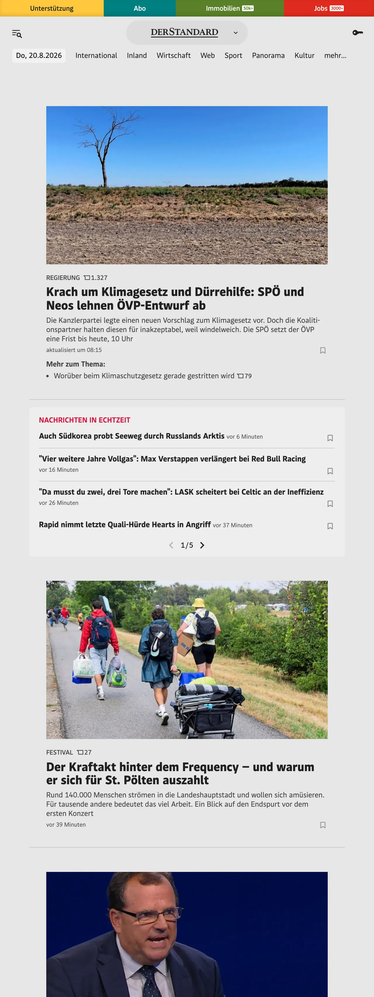 Screenshot of the DER STANDARD front page