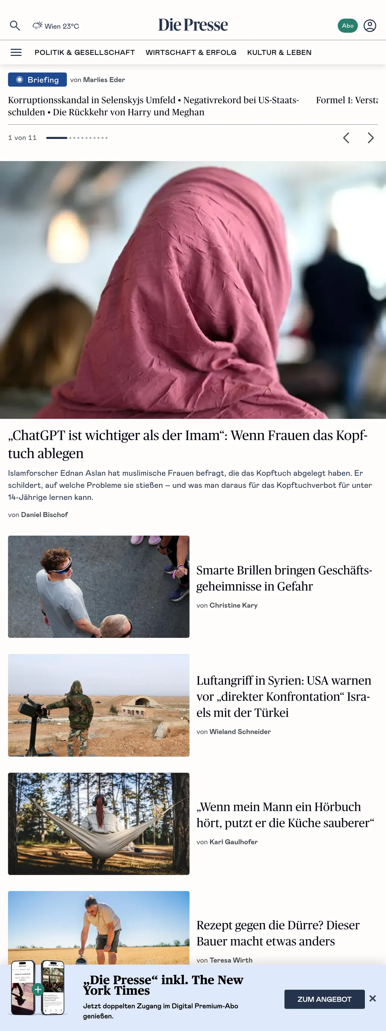 Screenshot of the Die Presse front page