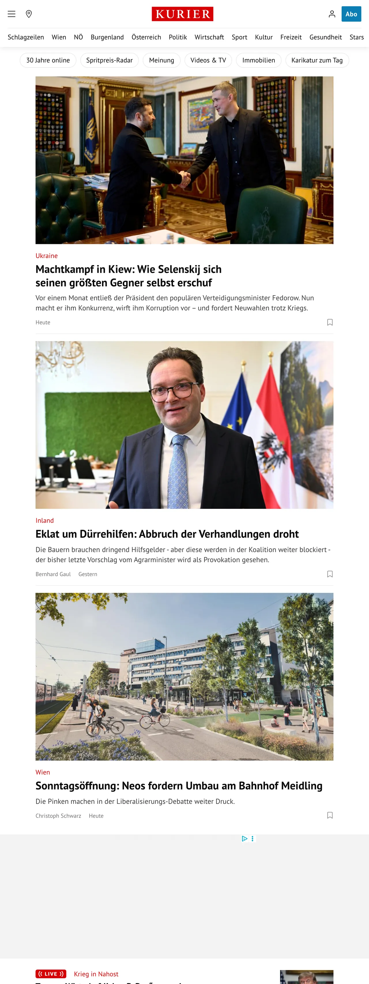 Screenshot of the Kurier front page