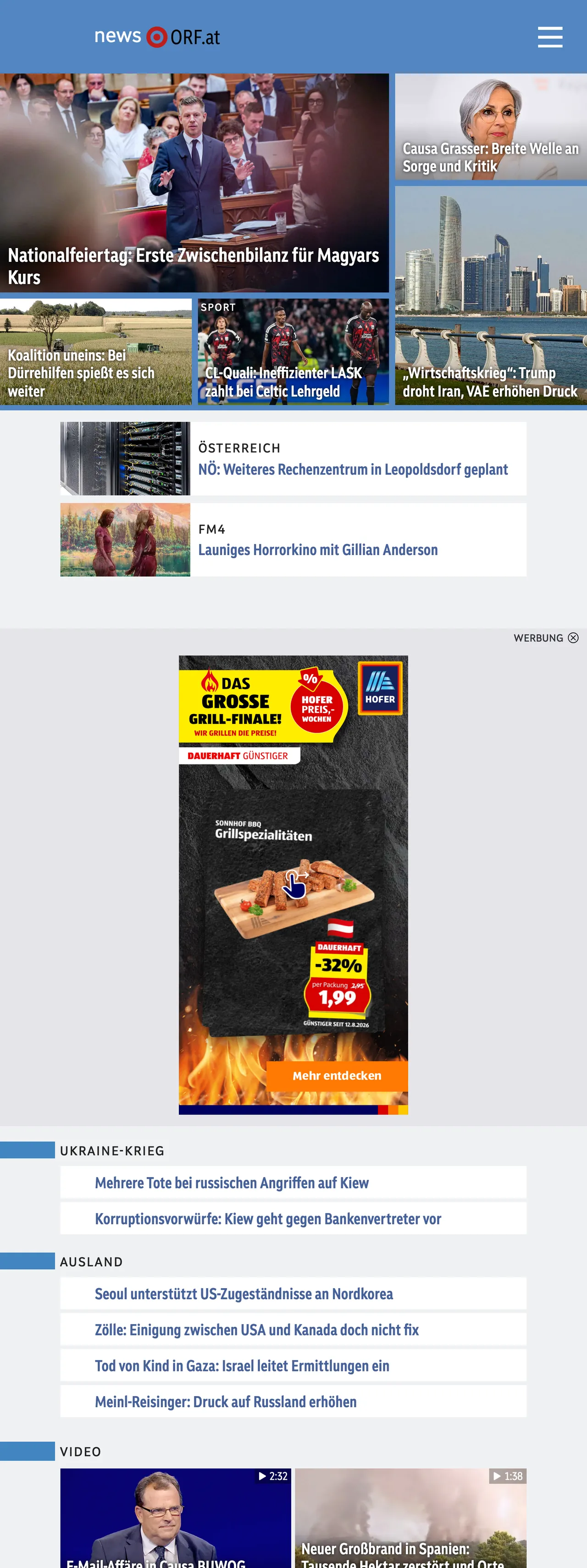 Screenshot of the ORF front page
