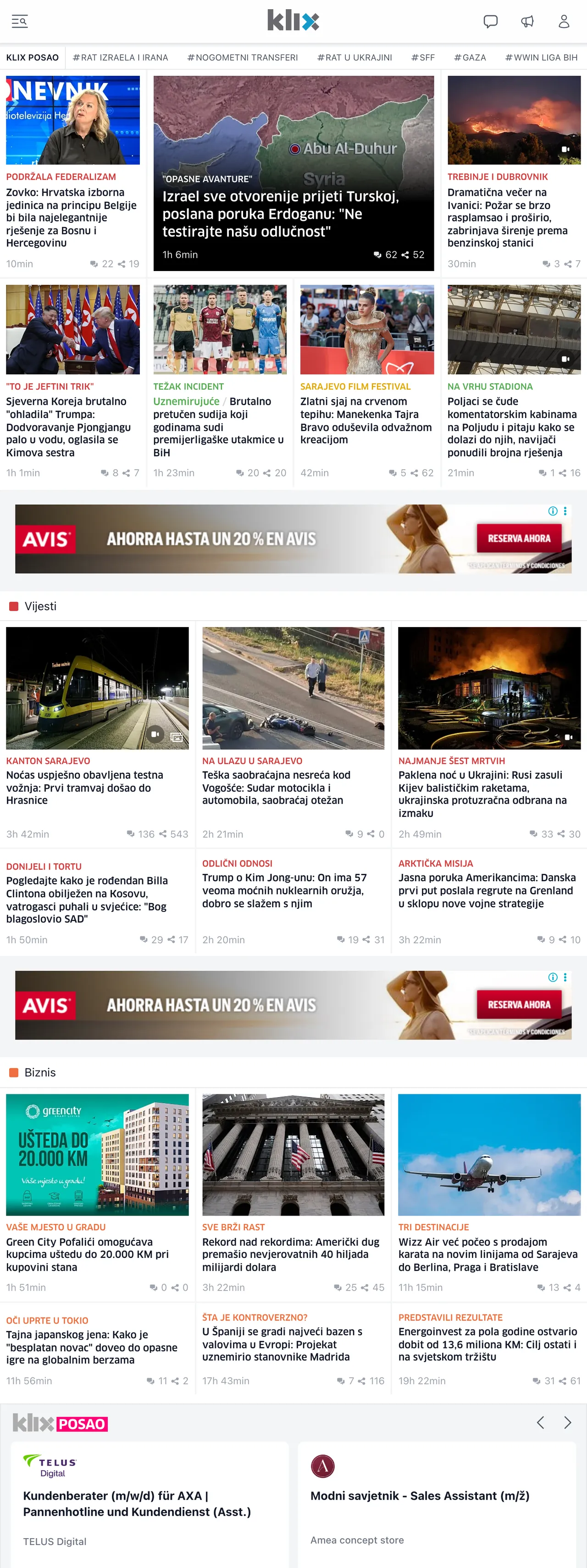 Screenshot of the Klix.ba front page