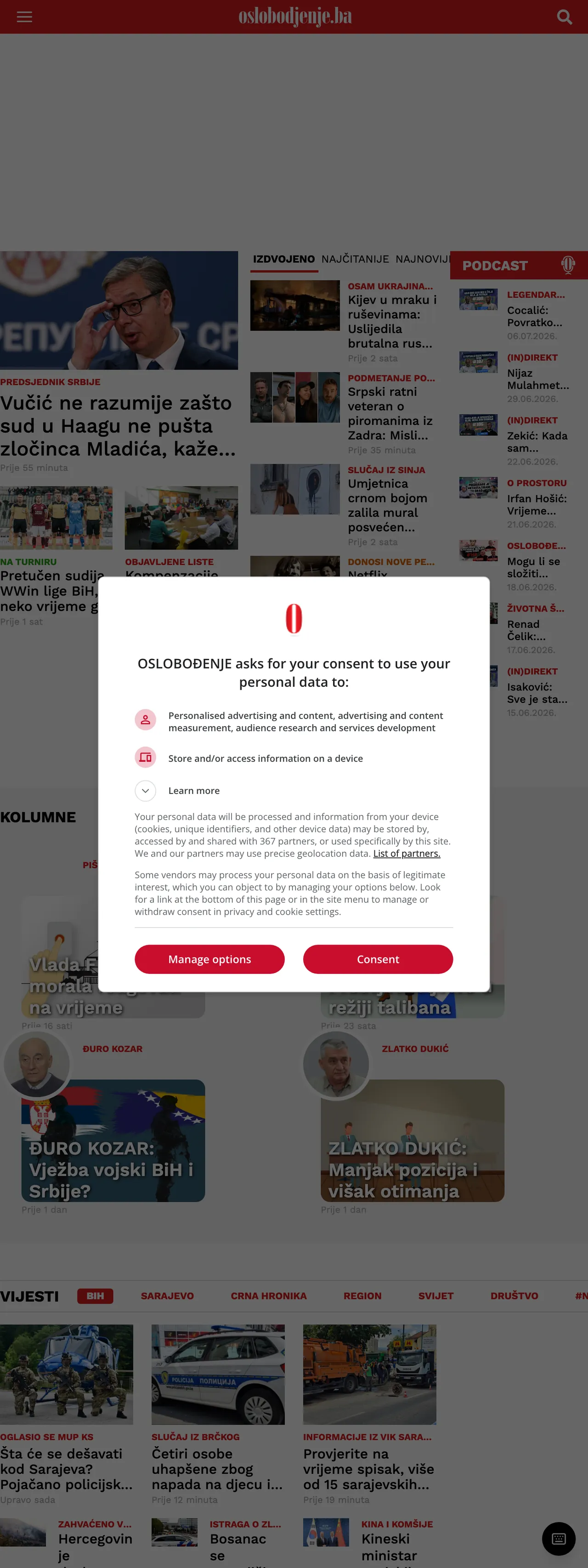 Screenshot of the Oslobođenje front page