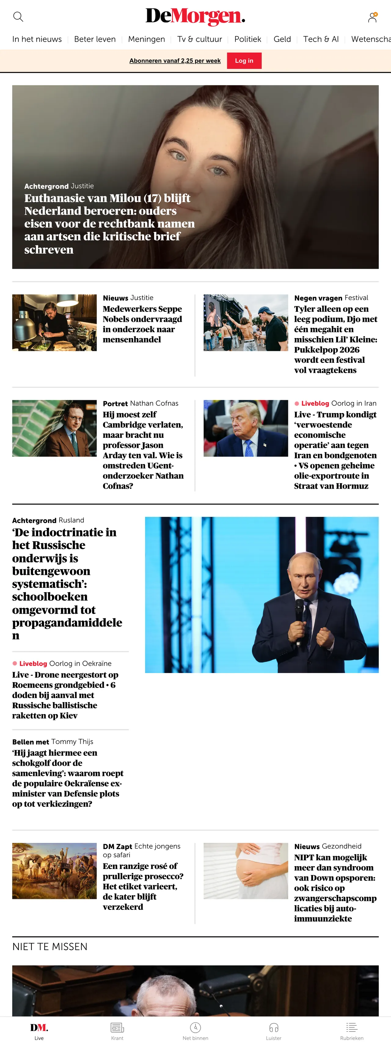 Screenshot of the De Morgen front page