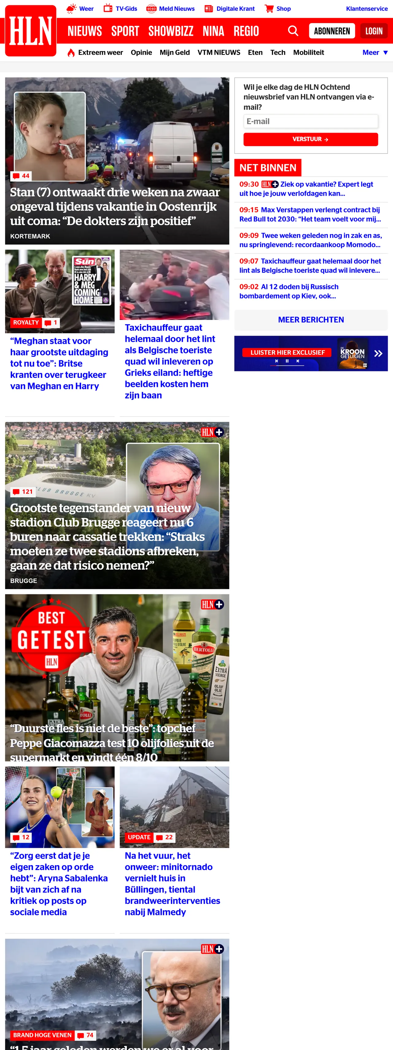 Screenshot of the HLN front page