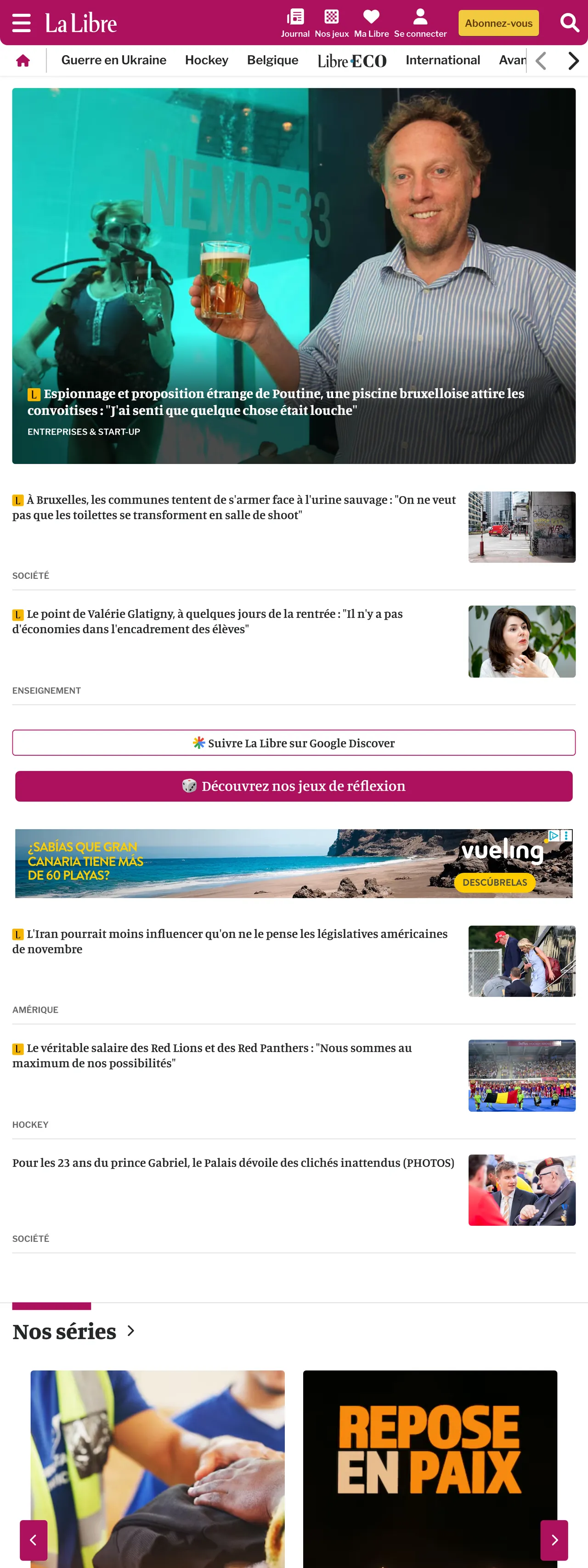 Screenshot of the La Libre front page
