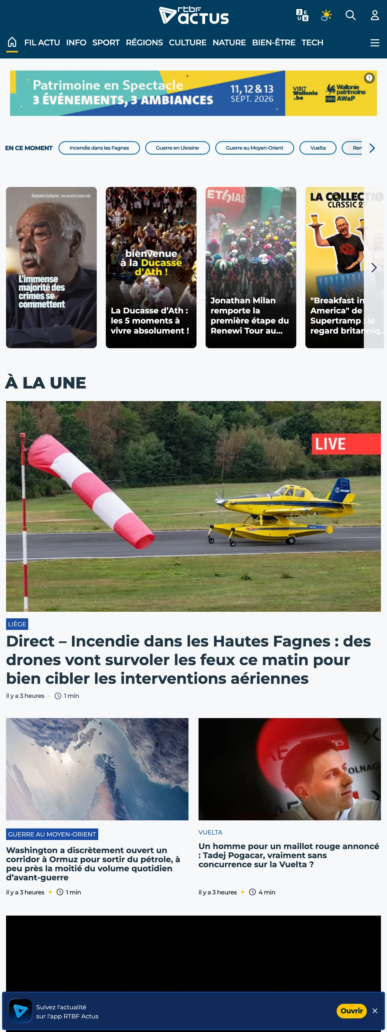 Screenshot of the RTBF front page