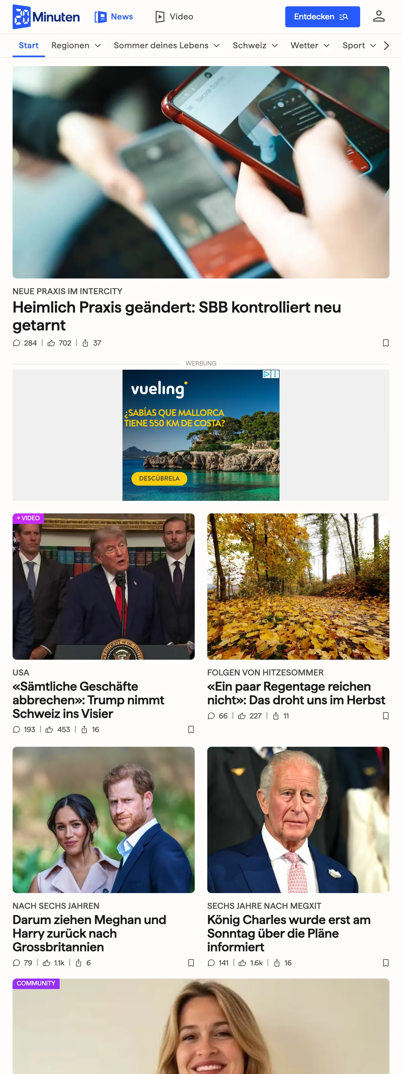 Screenshot of the 20 Minuten front page