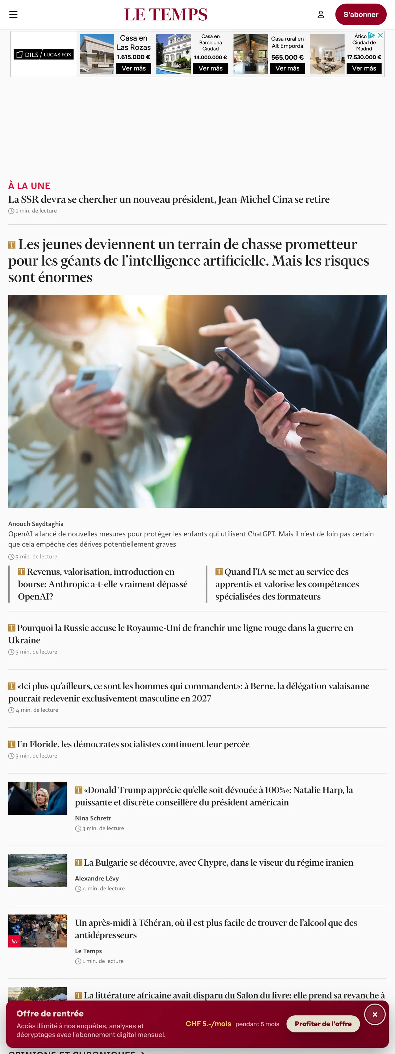 Screenshot of the Le Temps front page