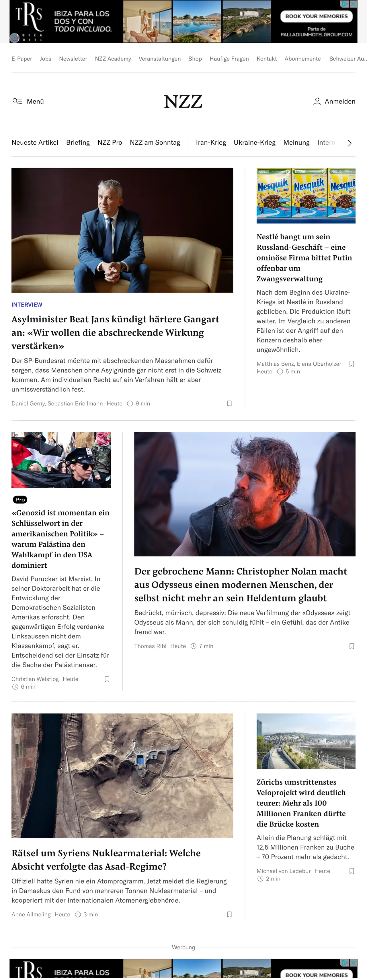 Screenshot of the Neue Zürcher Zeitung front page