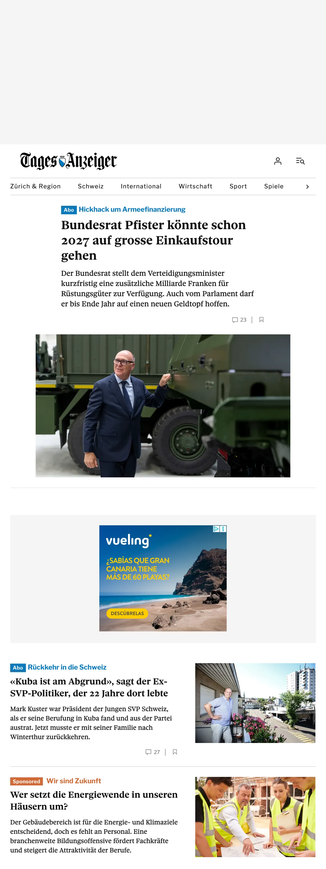 Screenshot of the Tages-Anzeiger front page