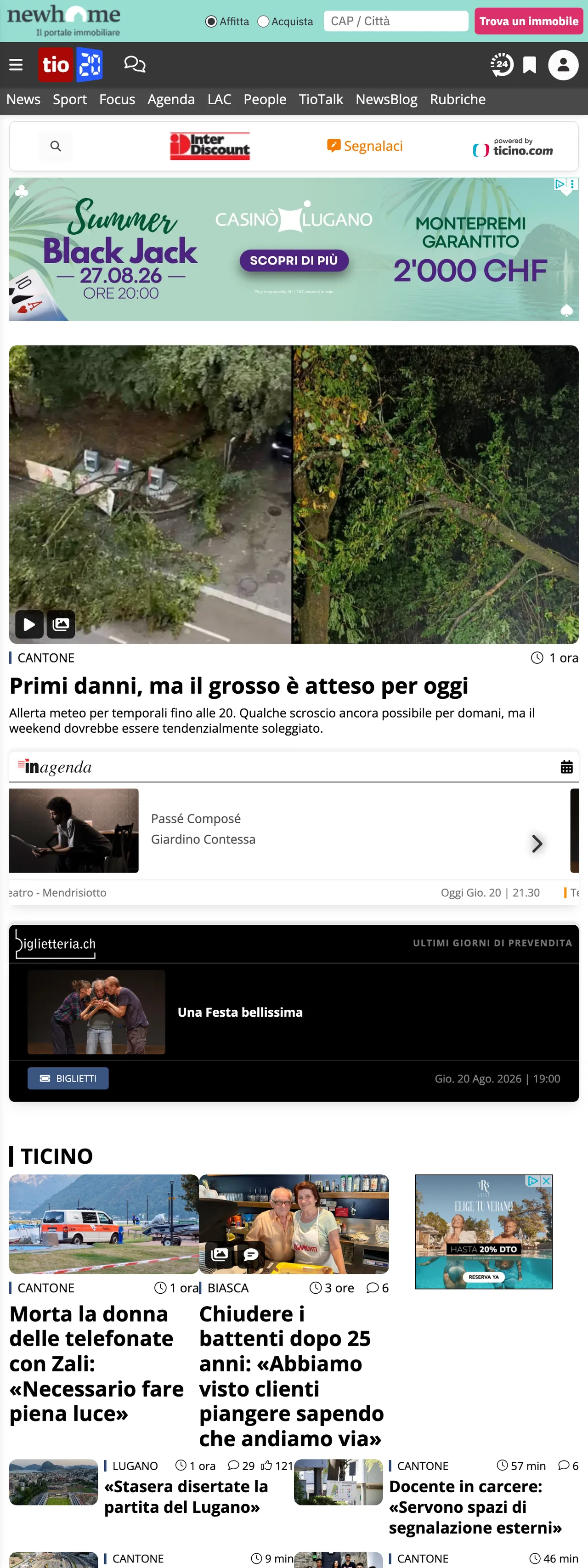 Screenshot of the Ticinonline front page