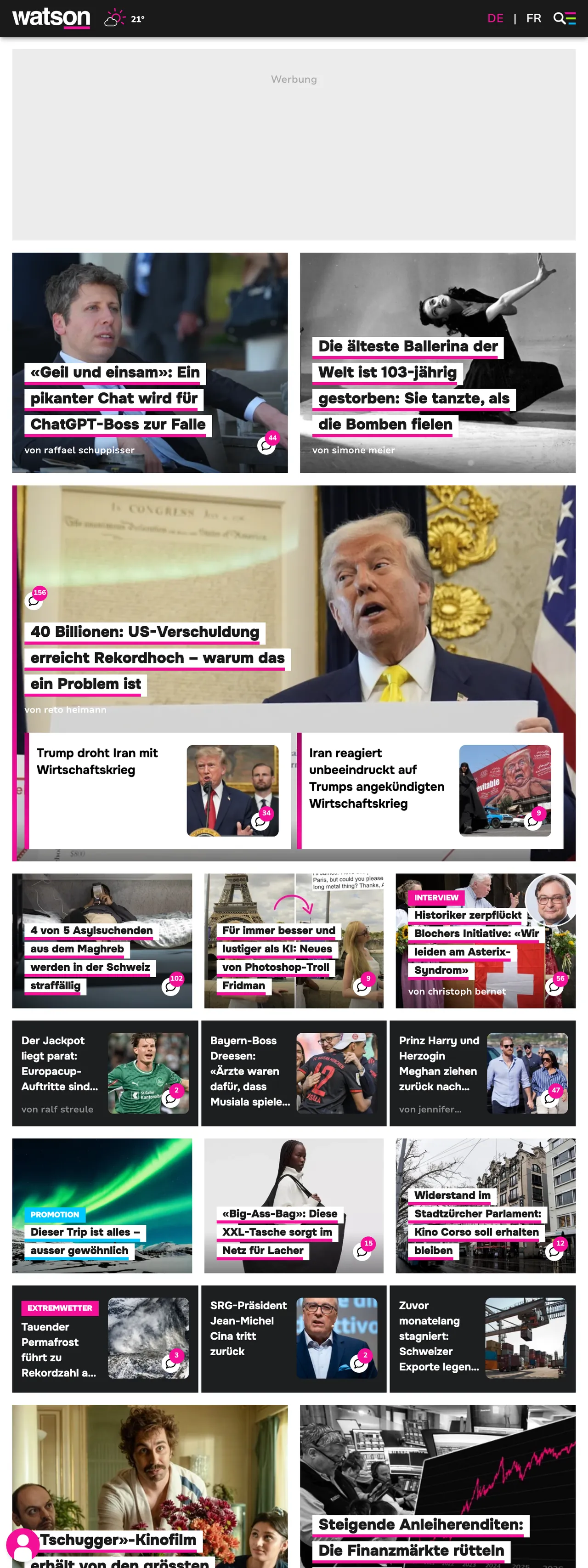 Screenshot of the watson front page