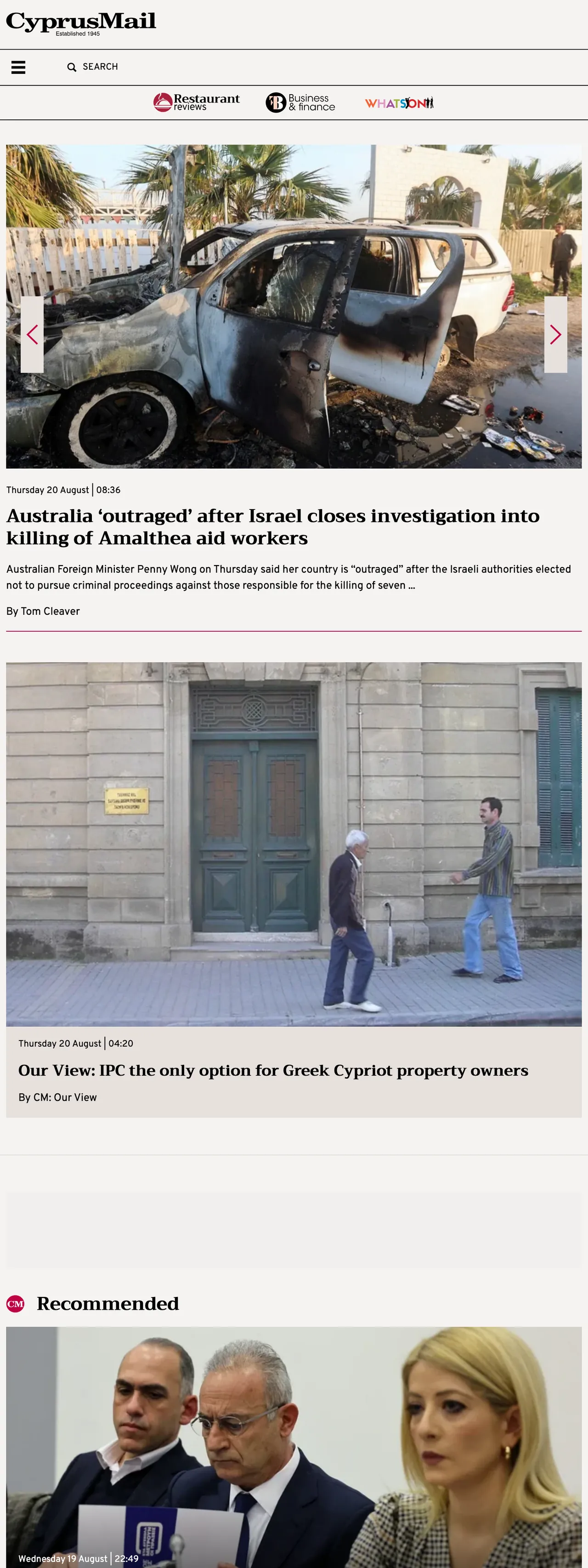 Screenshot of the Cyprus Mail front page