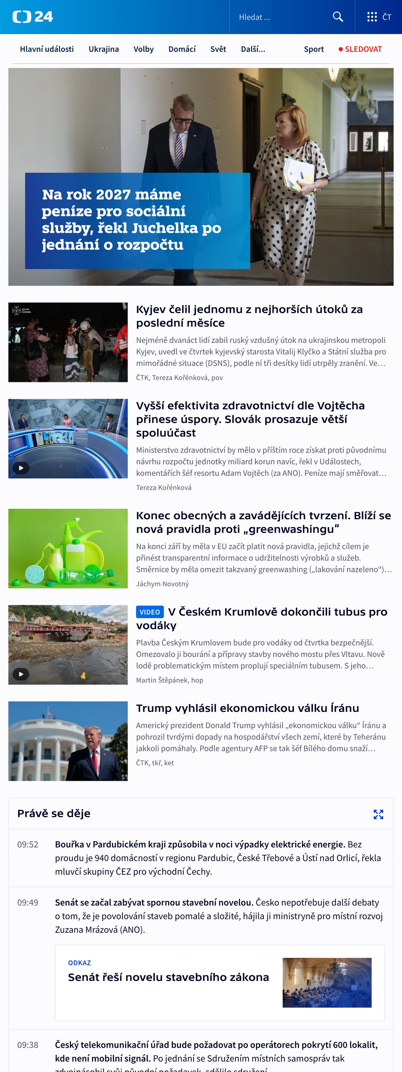 Screenshot of the ČT24 front page