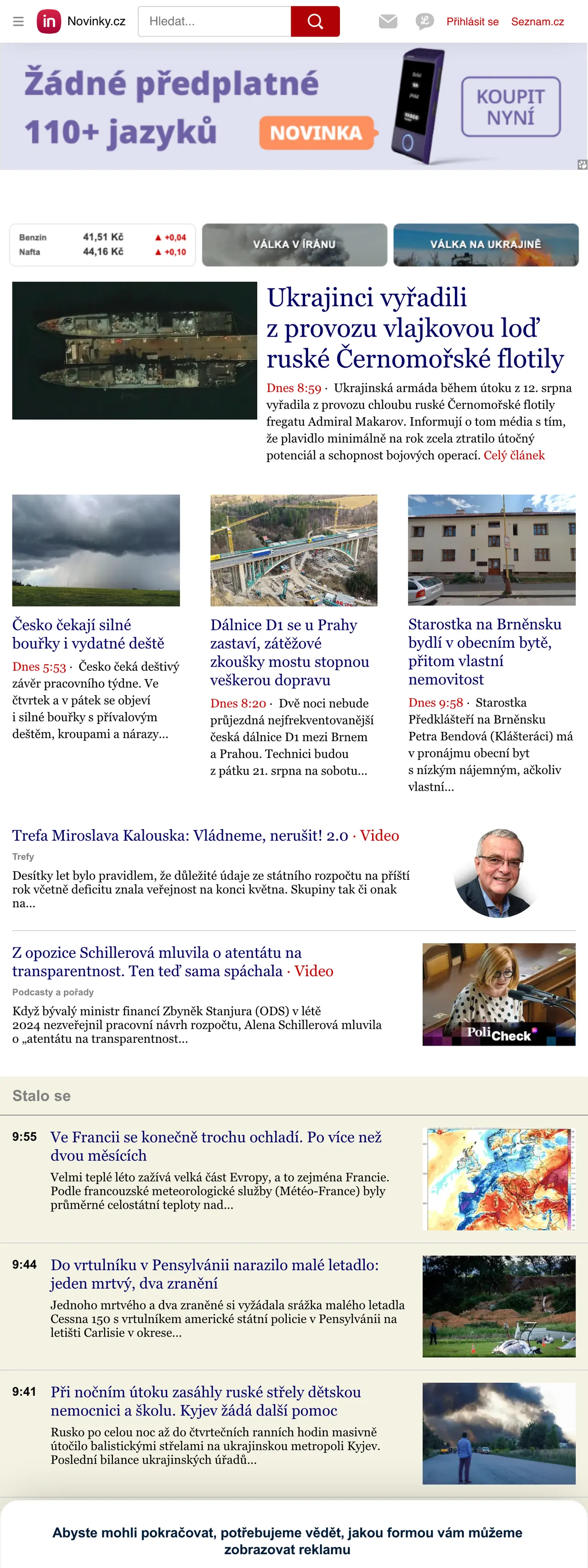 Screenshot of the Novinky.cz front page
