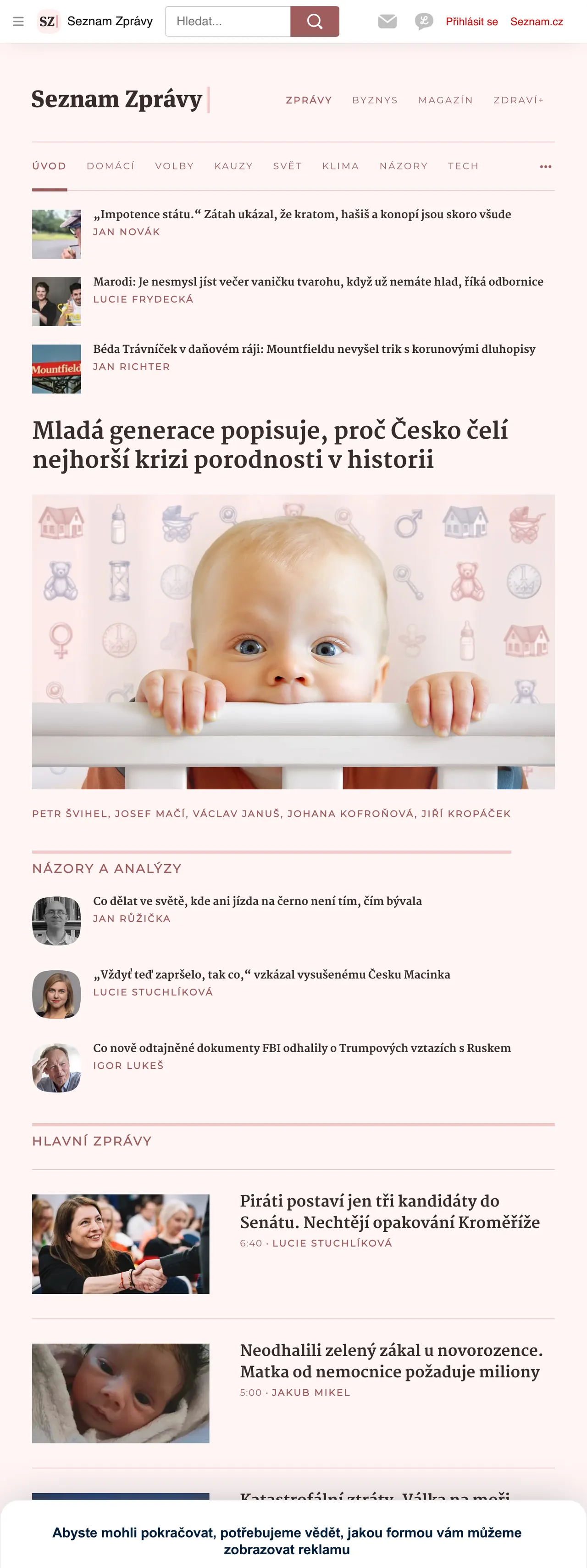 Screenshot of the Seznam Zprávy front page